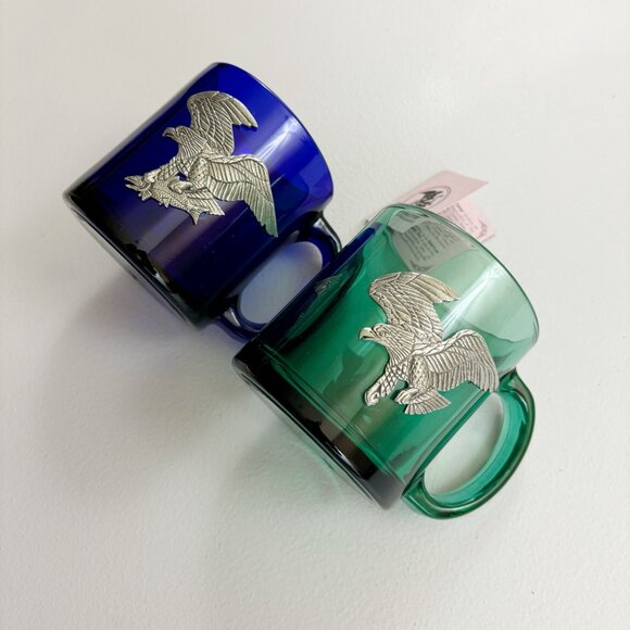HERITAGE PEWTER Eagle Coffee Mugs Set Of 2 Glass Jade Cobalt Patriotic Woodland - Picture 13 of 15